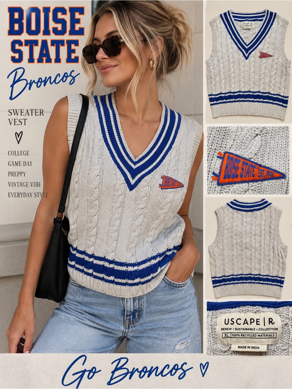 USCAPE Boise State Broncos Cable Knit Sweater Vest XL